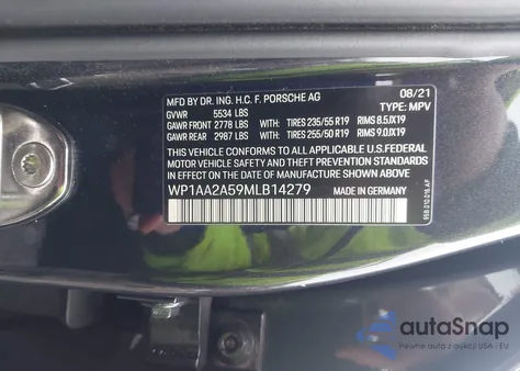 2021 Porsche Macan z USA, uszkodzony, nr VIN WP1AA2A59MLB14279